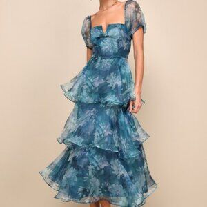 Lulus Teal Floral Organza Puff Sleeve Tiered Midi Dress Size L